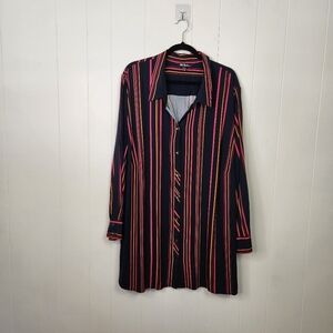 Ulla Popken Button Up Long Sleeve Blouse Tunic Long Shirt Navy Pink Stripe 28 30